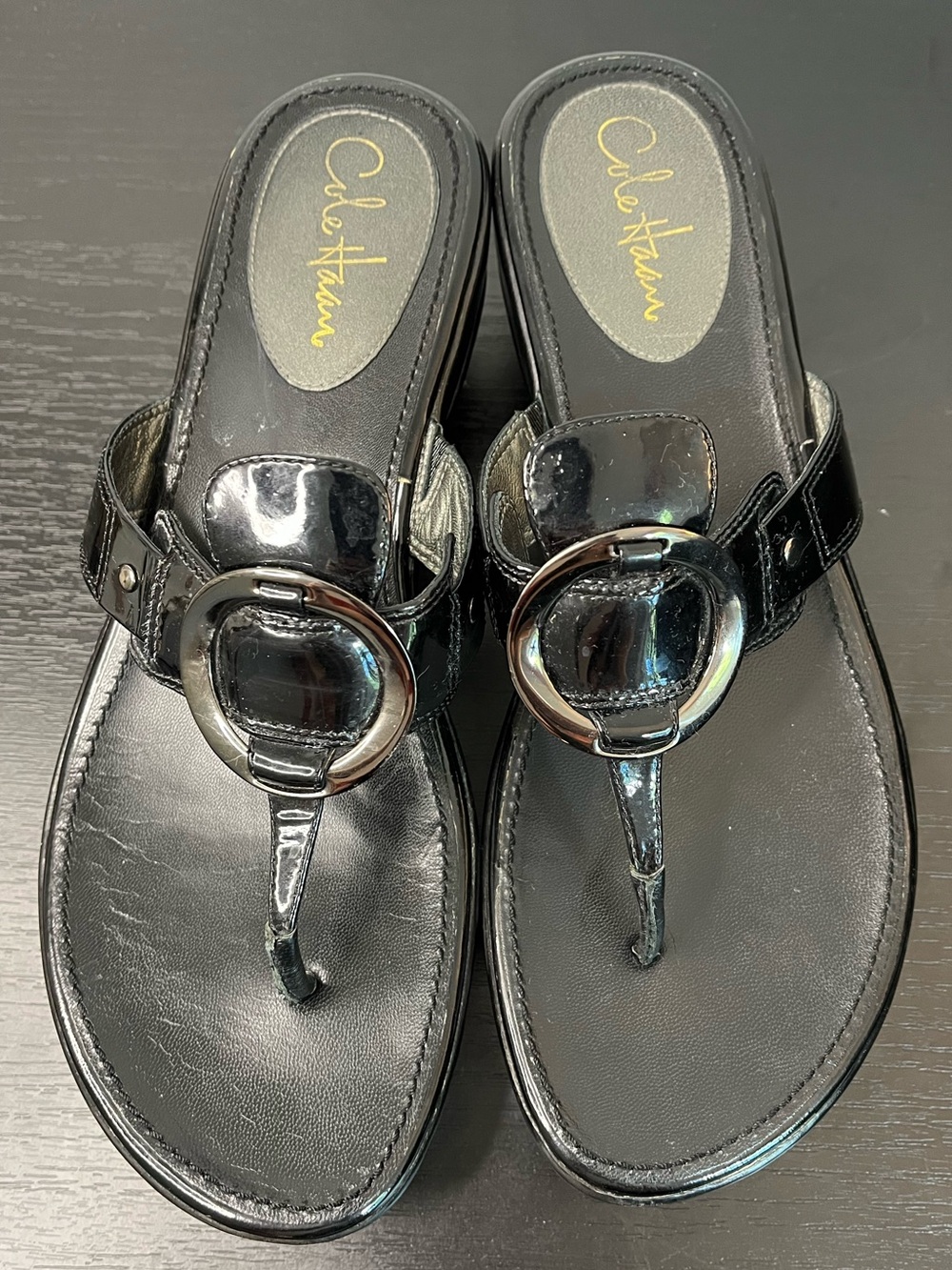 Cole Haan Black Patent Thong Wedge Sandals Silver Ring Nike Air Tech Women’s 11